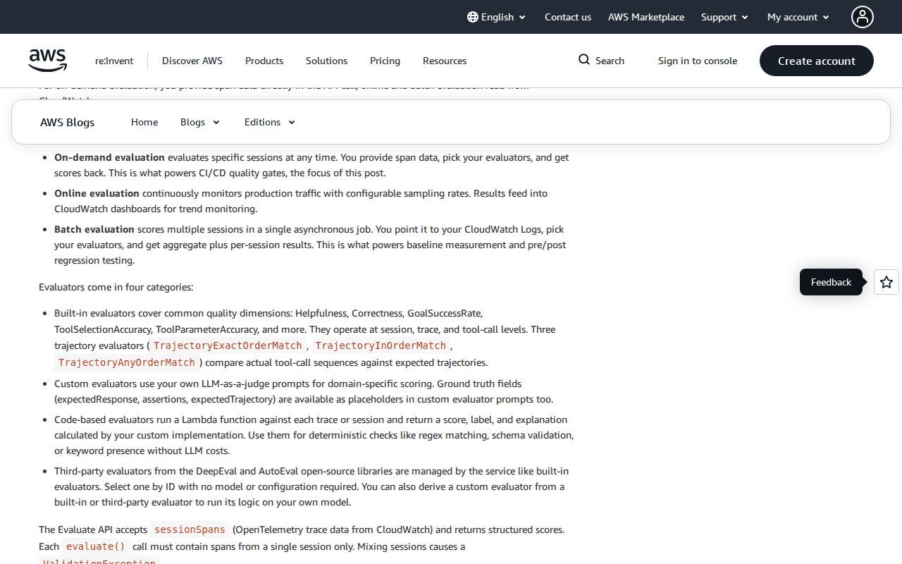 AWS blog: the evaluator categories and the Evaluate API section