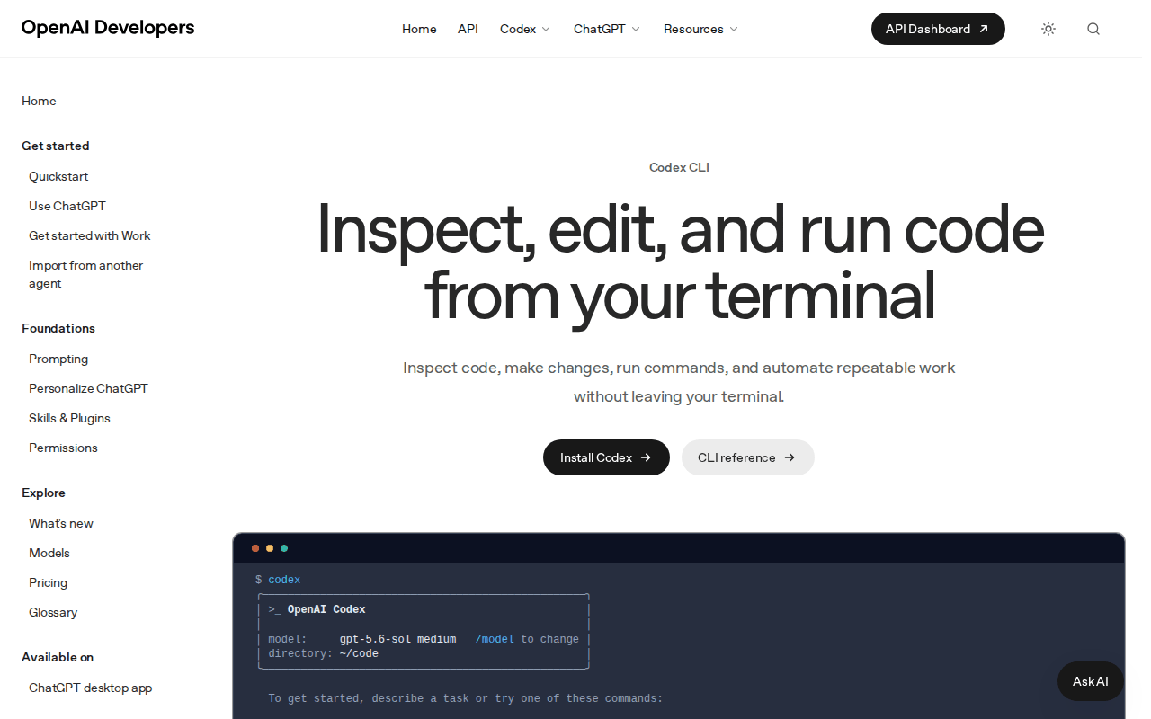 OpenAI Codex CLI docs header “Inspect, edit, and run code from your terminal” with the Permissions entry in the left navigation
