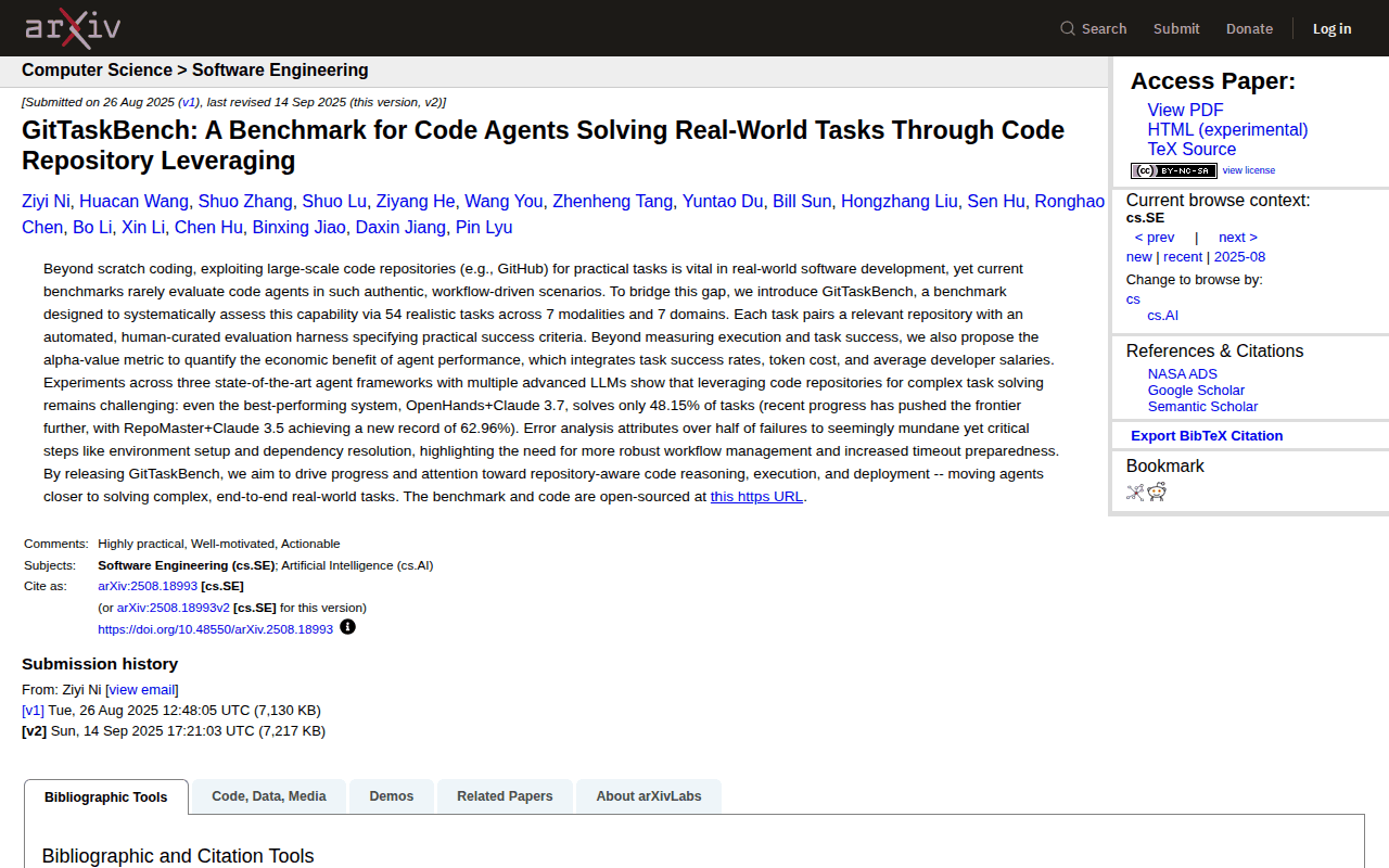 arXiv abstract page for GitTaskBench (2508.18993): 54 tasks, 48.15% best pass rate, and over half of failures attributed to environment setup and dependency resolution