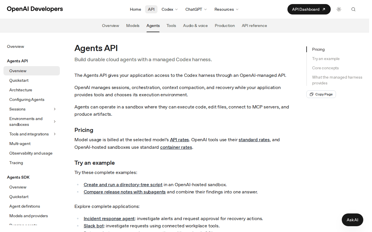 OpenAI Developers docs, Agents API overview: “Build durable cloud agents with a managed Codex harness”, the managed-versus-yours sentence, and the pricing lines