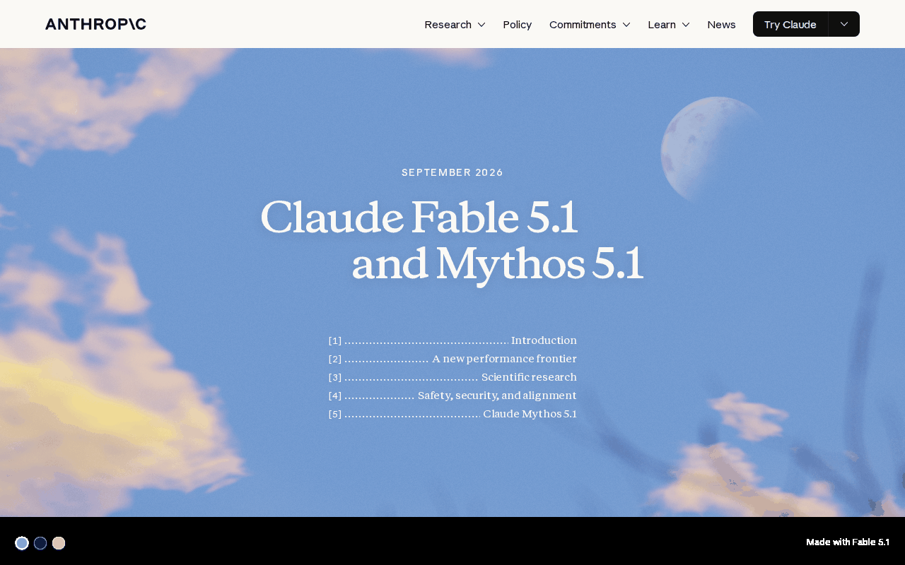 Anthropic’s launch page for Claude Fable 5.1 and Claude Mythos 5.1, dated September 2026, with a five-part table of contents from Introduction to Claude Mythos 5.1