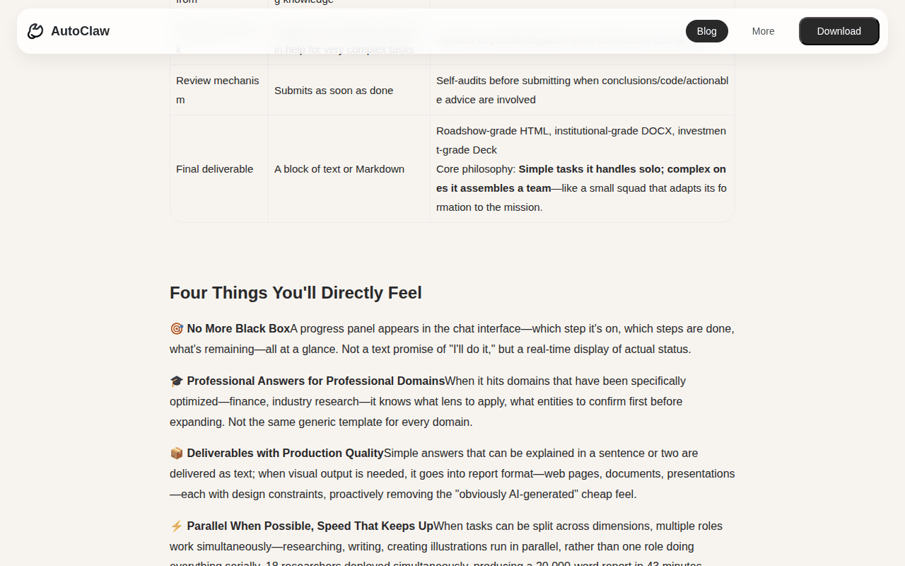 AutoClaw Cluster Mode blog post at the section whose first item describes the progress panel in the chat interface, with the normal-mode versus Cluster Mode table above it