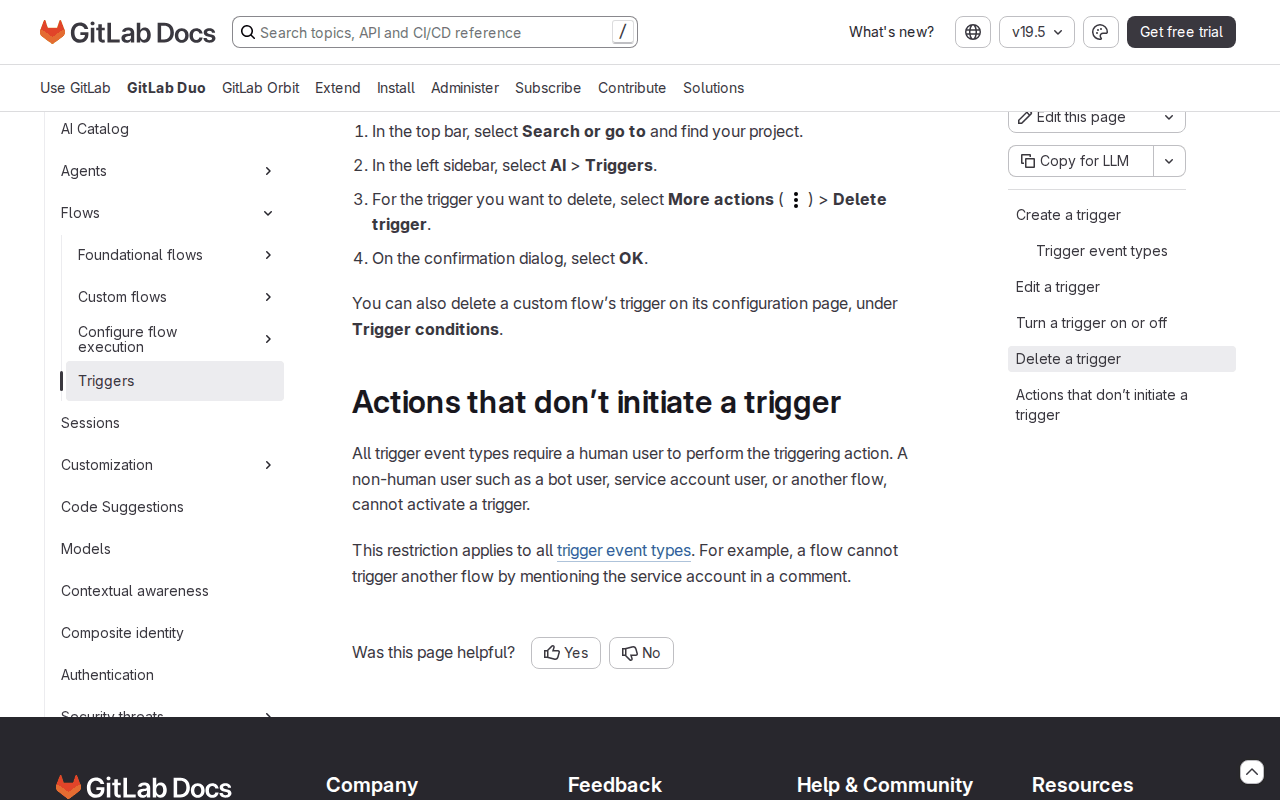 GitLab docs, Triggers page, at the passage stating that all trigger event types require a human user and that a bot user, service account user or another flow cannot activate a trigger