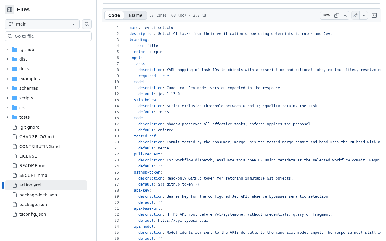 GitHub file view of jev-ci-selector action.yml on the main branch, showing the inputs tasks, model with default jev-1.13.0, skip-below with default 0.05, and mode with the description shadow preserves all effective tasks and default enforce