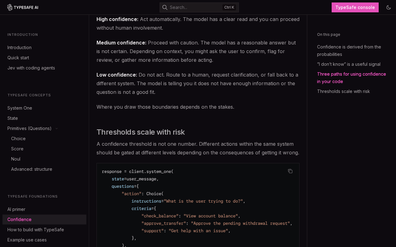 TypeSafe documentation page on confidence, showing the high, medium and low confidence paragraphs and the Thresholds scale with risk section that begins: a confidence threshold is not one number