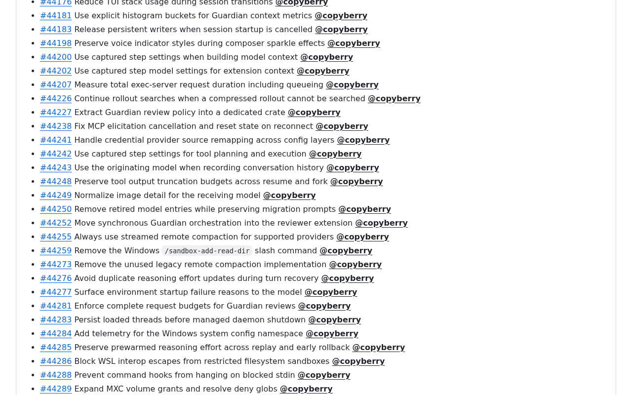 GitHub release page for Codex 0.155.0 showing a long list of merged changes, with the line “Always use streamed remote compaction for supported providers” sitting among unrelated fixes
