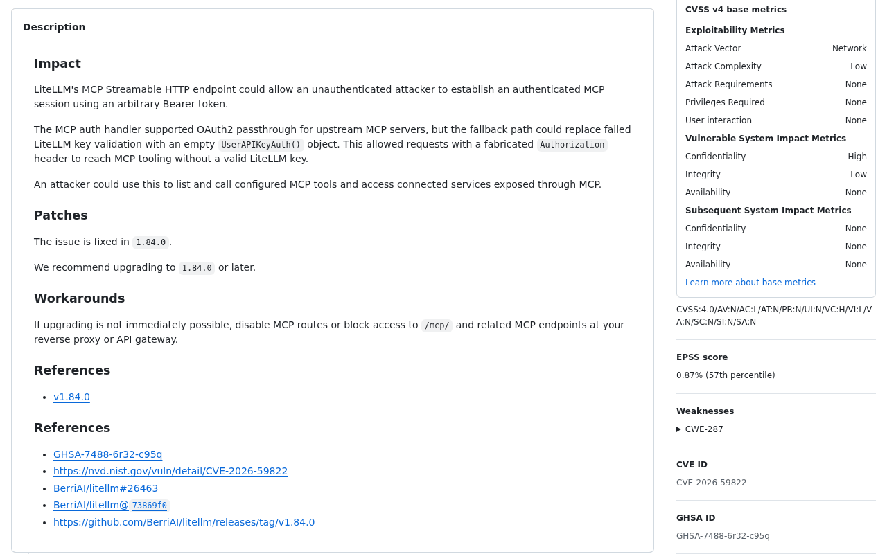 GitHub advisory GHSA-7488-6r32-c95q for the LiteLLM MCP authentication bypass, showing the impact, the 1.84.0 patch and the workaround to block /mcp/ at the reverse proxy