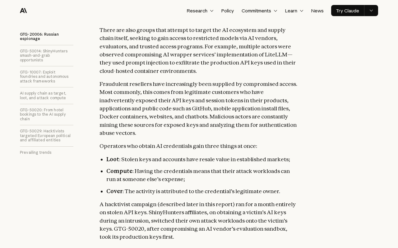 Anthropic’s September 2026 threat report passage on fraudulent resellers supplied by compromised access, with a bullet list whose first item reads Loot: stolen keys and accounts have resale value in established markets