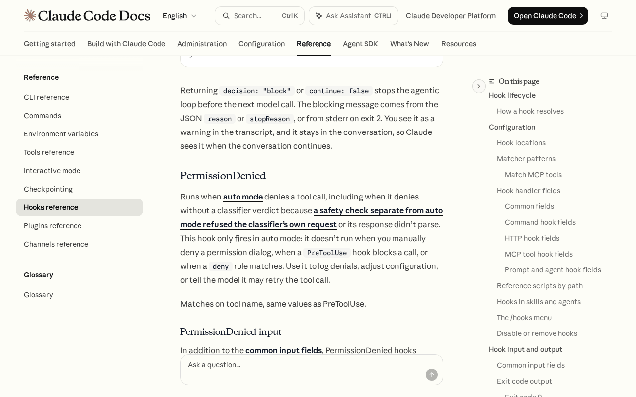 Claude Code hooks reference section for PermissionDenied, stating it runs when auto mode denies a tool call and only fires in auto mode, not for manual denials, PreToolUse blocks or deny rules