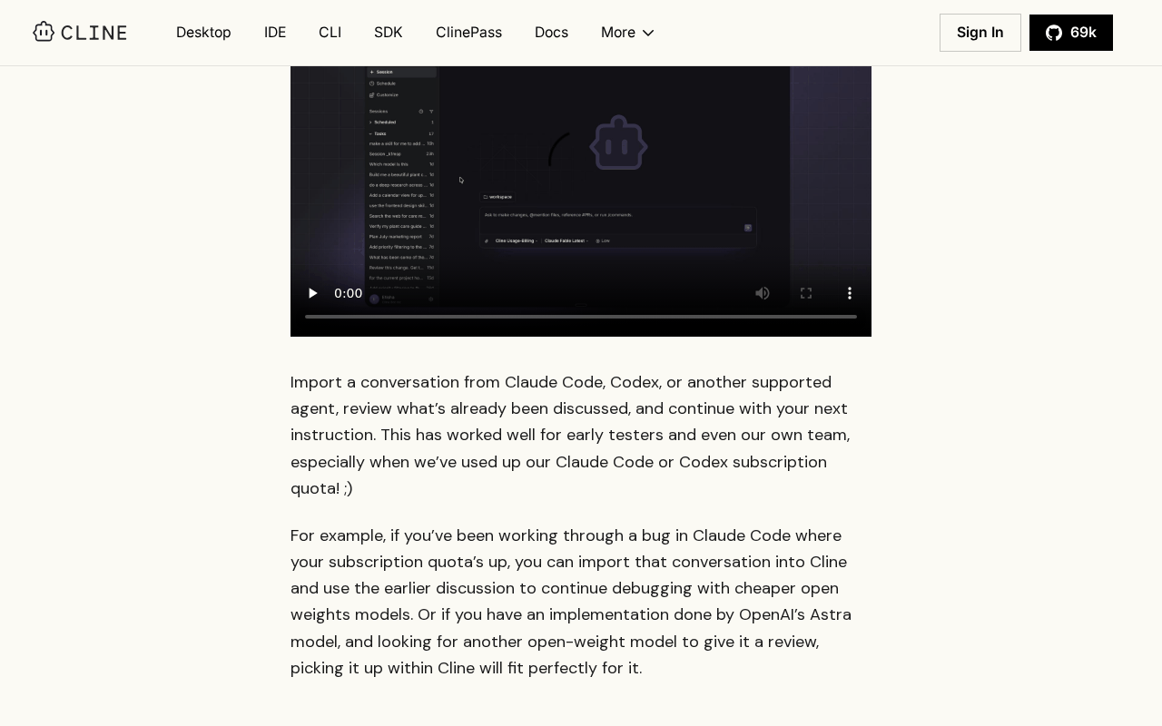 Cline blog post announcing Cline Desktop, with the paragraph about importing a conversation from Claude Code, Codex or another supported agent when a subscription quota runs out